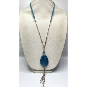 Sequin Blue Agate Stone Tassel Corded Necklace Gold Tone Boho Statement Chunky